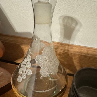 Sale Photo Thumbnail #242: Vintage Etched Glass Decanter with Grape and Vine Motif and Gold Rim