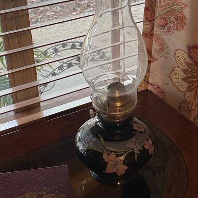 Sale Photo Thumbnail #284: Vintage Kaadan Ltd. Floral Black Glass Oil Lamp