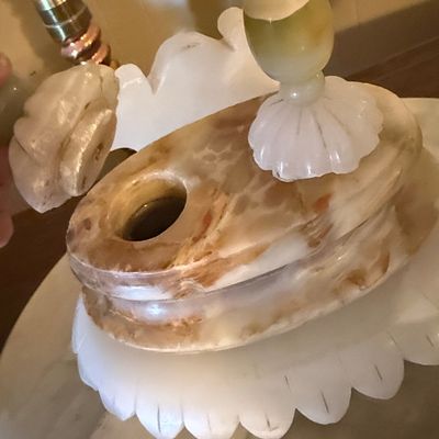 Vintage Carved Onyx and Marble Inkwell Set with Pen Rests