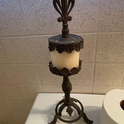 Sale Photo Thumbnail #449: Vintage Cast Iron Candle Holder with Fleur-de-Lis Finial