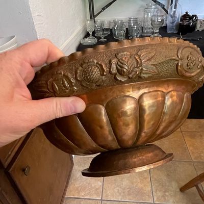 Vintage Repoussé Copper Pedestal Bowl with Floral Motif