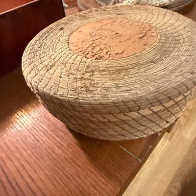 Sale Photo Thumbnail #218: Vintage Native American Style Pine Needle Coil Basket with Leather Inset