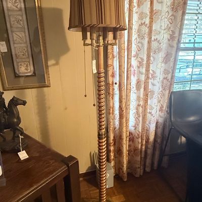 Antique Twisted Copper Floor Lamp with Fringed Shade