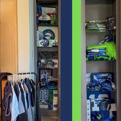 Bellevue Estate Sale featuring an extensive Seattle Seahawks collection displayed on built in shelves and a clothing rack. Memorabilia...