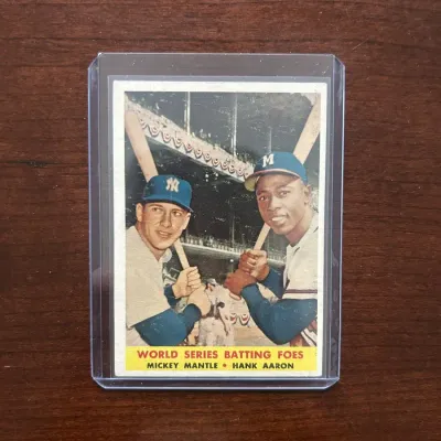 1958 Topps Baseball Card. World Series Batting Foes. Mickey Mantle/Hank Aaron. Card #418