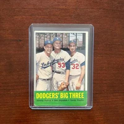 1963 Topps Baseball Card. Dodgers' Big Three - Sandy Koufax, Don Drysdale, Johnny Podres. Card #412