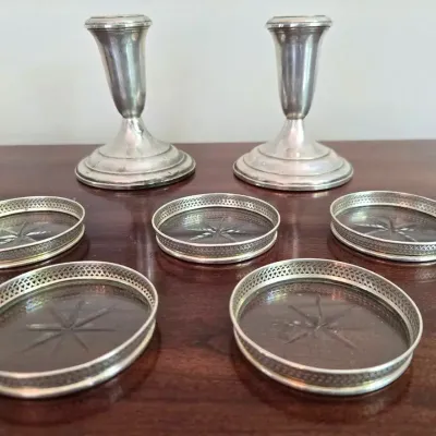Weighted Sterling Silver Candlesticks & Coasters