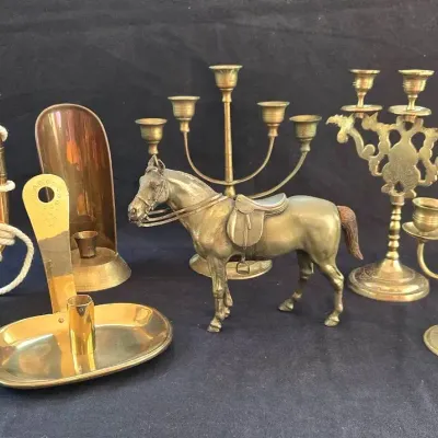 Brass Decor: Virginia Metalcrafters, Horse Figurine, Candelabras
