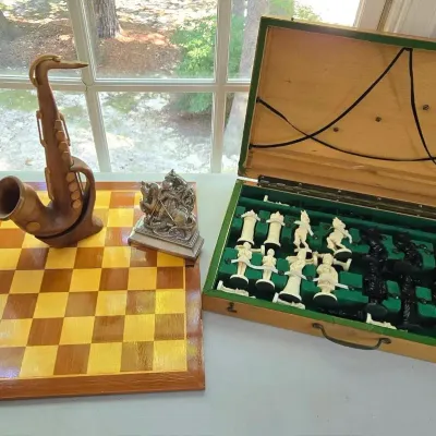Vintage Medieval Chess Set, Pewter Bookend, Wooden Saxophone 