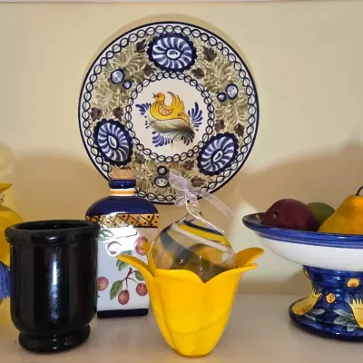 Blue & Yellow Decor Dishes, Art Glass, Vases