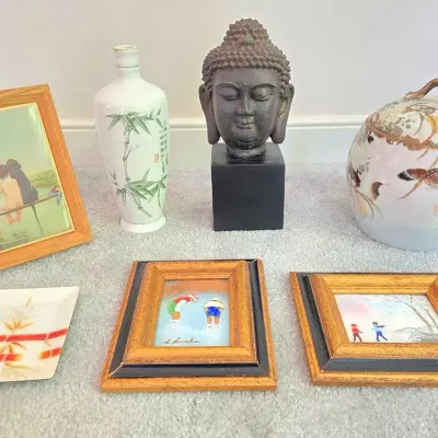 Enameled Copper Paintings, Vintage Asian Vases 