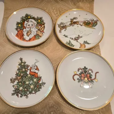 Cabinets Lot: Fitz & Floyd Xmas Plates, Blue Glasses, Portugal Bowls