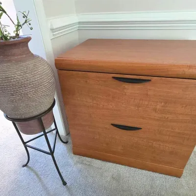Wooden File Cabinet & Pottery Vase on Stand