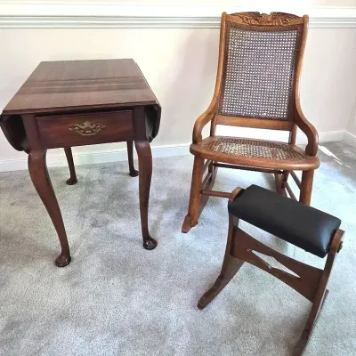 Statton Vintage End Table, Rocking Chair, Stool
