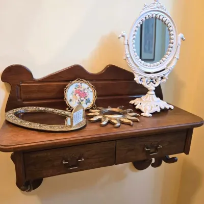 Vintage Wall Shelf, 4 Mirrors, & Vintage Art