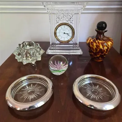 Waterford Crystal Clock, Art Glass Decanter, Paperweight 