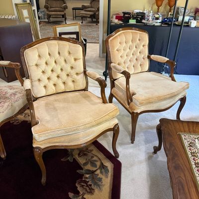 French provincial velvet, tufted, champagne colored chairs