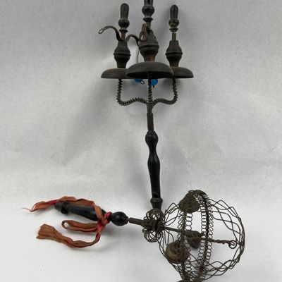 Sale Photo Thumbnail #223: Pair Antique Folk Rattles, Wood & Bells