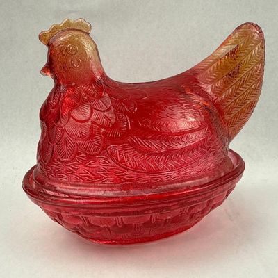 Sale Photo Thumbnail #194: Amberina Pressed Glass Hen on Nest Dish