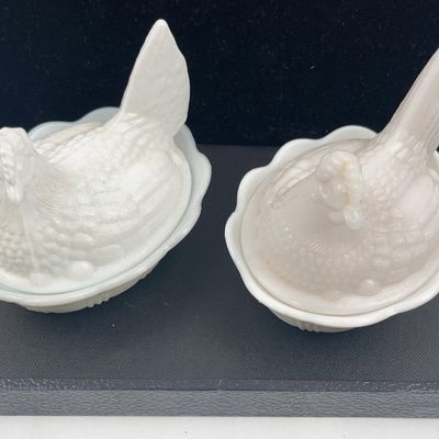 Sale Photo Thumbnail #457: Pair Milk Glass Hen on Nest Dishes