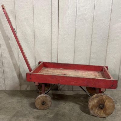 Sale Photo Thumbnail #76: Vtg Red Painted Wood Childs Pull Wagon