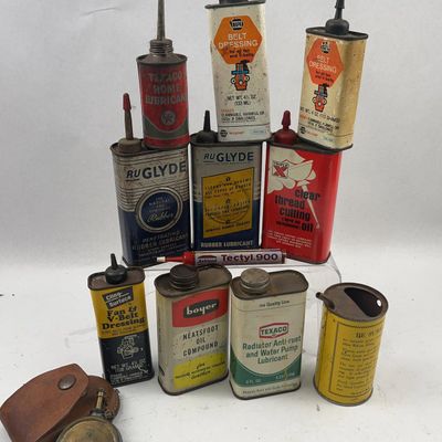 Sale Photo Thumbnail #557: 12 Vtg Auto/Home Lubricant Tins & Tools