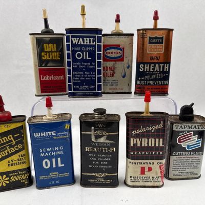 Sale Photo Thumbnail #471: 9 Vtg Lithographed Tin Lubricant Cans