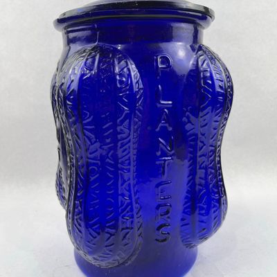Sale Photo Thumbnail #209: Planters Cobalt Glass Peanut Jar w/ Lid