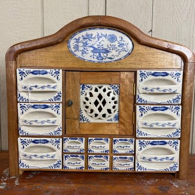 Sale Photo Thumbnail #140: Vtg 12-Drw Wood Spice Cabinet w/Ceramic