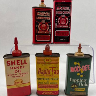 5 Vtg Lithographed Tin Lubricant Cans