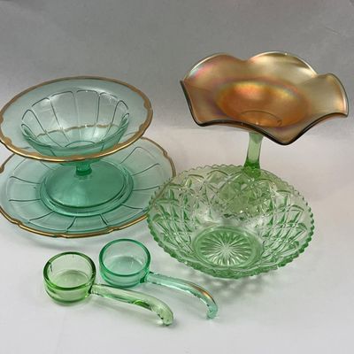 Sale Photo Thumbnail #464: Green Uranium Glass & Carnival Compote