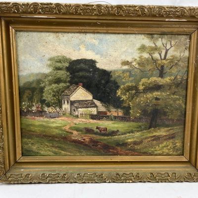 Sale Photo Thumbnail #460: 19th C. Folk Art Oil Landscape w/ Cows