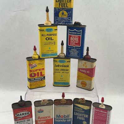 Sale Photo Thumbnail #560: 12 Vtg Advertising Tin Oil & Fuel Cans