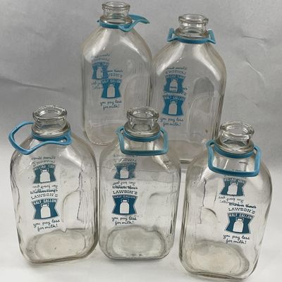 Sale Photo Thumbnail #551: Set 5 Vtg Lawson's Glass Milk Bottles