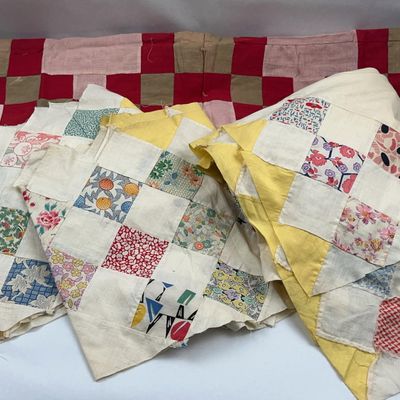 Sale Photo Thumbnail #431: 3 Vtg Check & Postage Stamp Quilt Tops