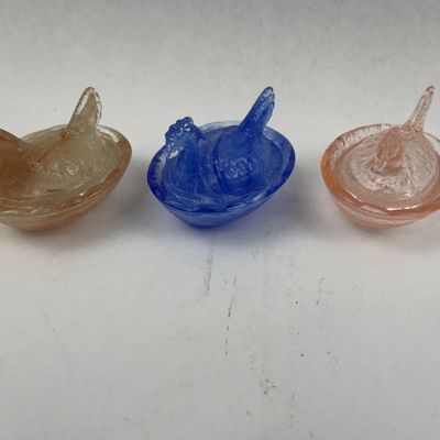 Sale Photo Thumbnail #456: 3 Slag Glass Hen on Nest Salt Cellars