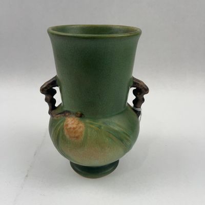 Sale Photo Thumbnail #411: Roseville Pinecone Handled Green Vase