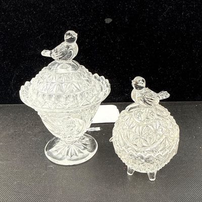 Sale Photo Thumbnail #135: Pair Pressed Glass Lidded Bird Items