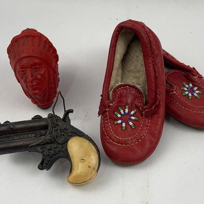 Sale Photo Thumbnail #444: Iroquois Stopper, Toy Pistol, Moccasins