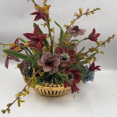 Sale Photo Thumbnail #416: French Beaded Flowers in Gilt Basket