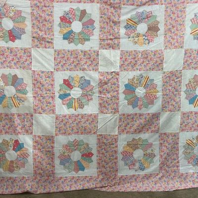 Sale Photo Thumbnail #80: Dresden Plate Feedsack Cotton Quilt Top