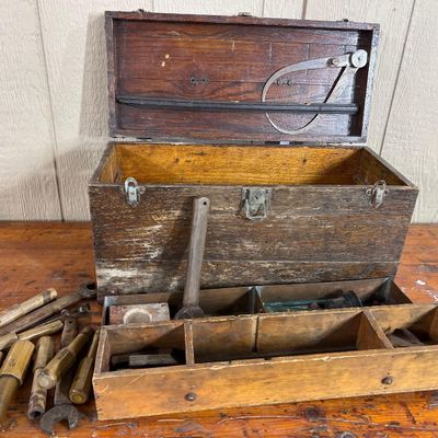 Sale Photo Thumbnail #120: An Assortment of Antique Machinist Tools in a Wooden Chest