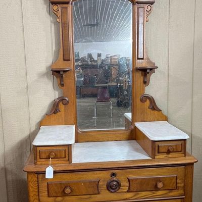 Sale Photo Thumbnail #158: Eastlake Oak & Marble Dresser w/ Mirror