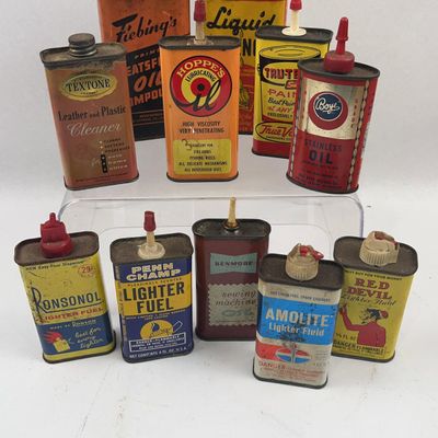Sale Photo Thumbnail #261: Set 11 Vtg Tin Oil & Lighter Fluid Cans