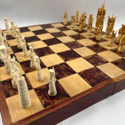 Sale Photo Thumbnail #250: 32pc Chinese Hand-Carved Bone Chess Set