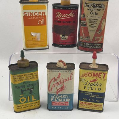 Sale Photo Thumbnail #260: 7 Vtg Singer/Necchi/Ever-Ready Oil Tins