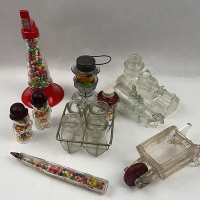 Sale Photo Thumbnail #237: Vtg Glass Vehicle & Lantern Candy Set