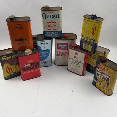 Sale Photo Thumbnail #540: Set 10 Vtg Lithographed Auto Fluid Tins