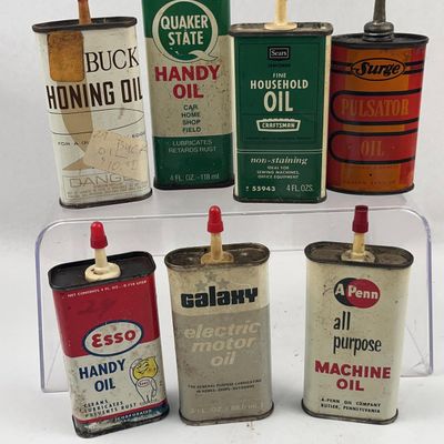 Sale Photo Thumbnail #262: Set 7 Vtg Lithographed Tin Oil Cans
