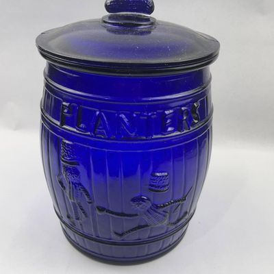 Sale Photo Thumbnail #466: Planters Peanuts Cobalt Blue Barrel Jar